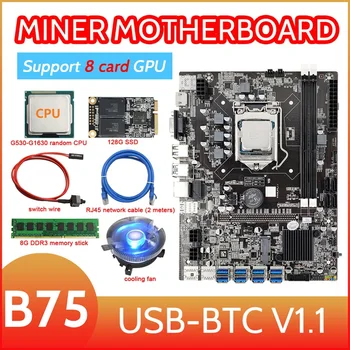 B75 8 de Cartão de BTC Mineração placa-Mãe+CPU+Fã+8G DDR3 RAM+128G SSD+Mudar+Cabo de Cabo de Rede 8USB3.0 GPU LGA1155 DDR3 MSATA