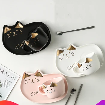 Bonito dos desenhos animados do gato de cerâmica xícara de café Simples e divertida tarde de xícara de chá de placa