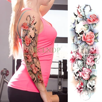 Impermeável da Etiqueta Temporária Tatuagem Rosa cruz Crânio completo de braço falso tatto grande flash de tatoo sleeve tamanho grande tato para homens mulheres