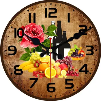 Relógio de madeira, Vinho Branco Servido com Uvas de Frutas francesa Gourmet, Degustação de Impressão Decorativa de 16 Polegadas Silêncio de Madeira Relógio de Mesa