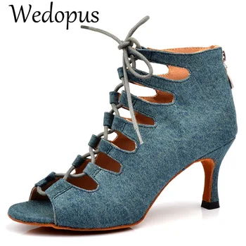 Wedopus Jeans Azul de Dança latina Botas de Mulher Peep Toe de Dança Sapatos Lace-up de 7,5 CM